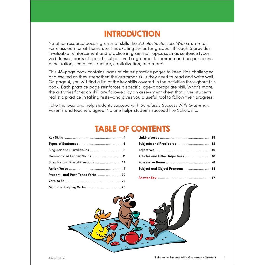 Table of Contents page from Scholastic Success With Grammar Workbook Grade 3