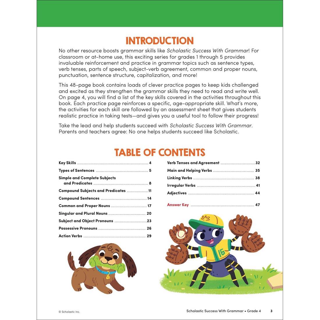 Table of Contents page from Scholastic Success With Grammar Workbook Grade 4