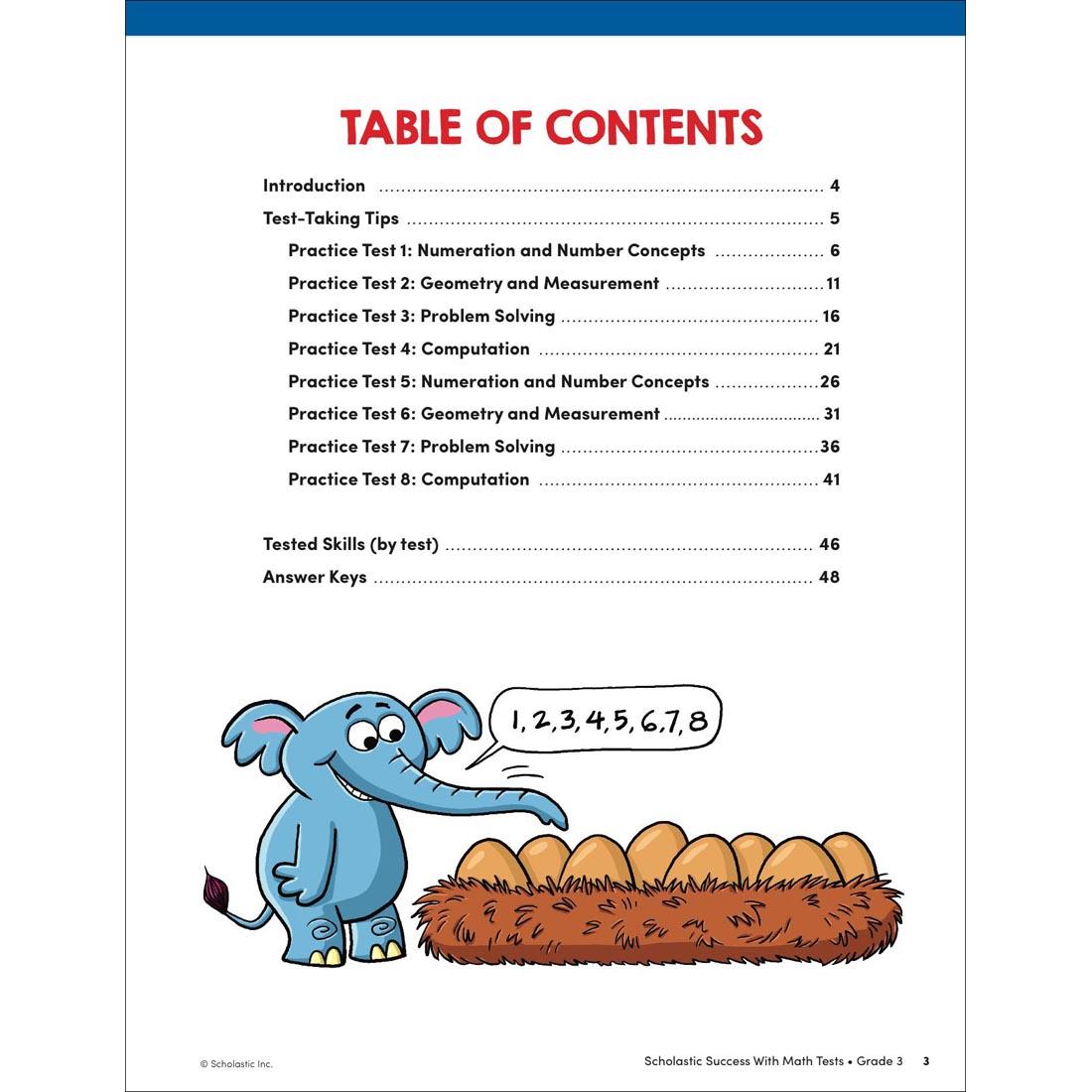 Table of Contents page from Scholastic Success With Math Tests Workbook Grade 3