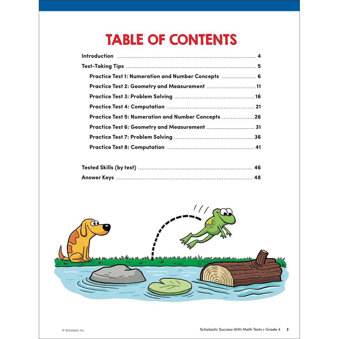 Table of Contents page from Scholastic Success With Math Tests Workbook Grade 4