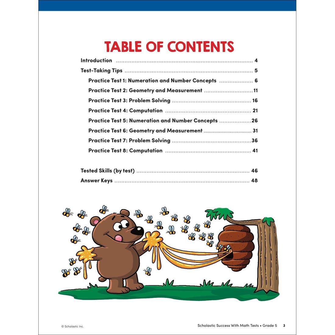 Table of Contents page from Scholastic Success With Math Tests Workbook Grade 5