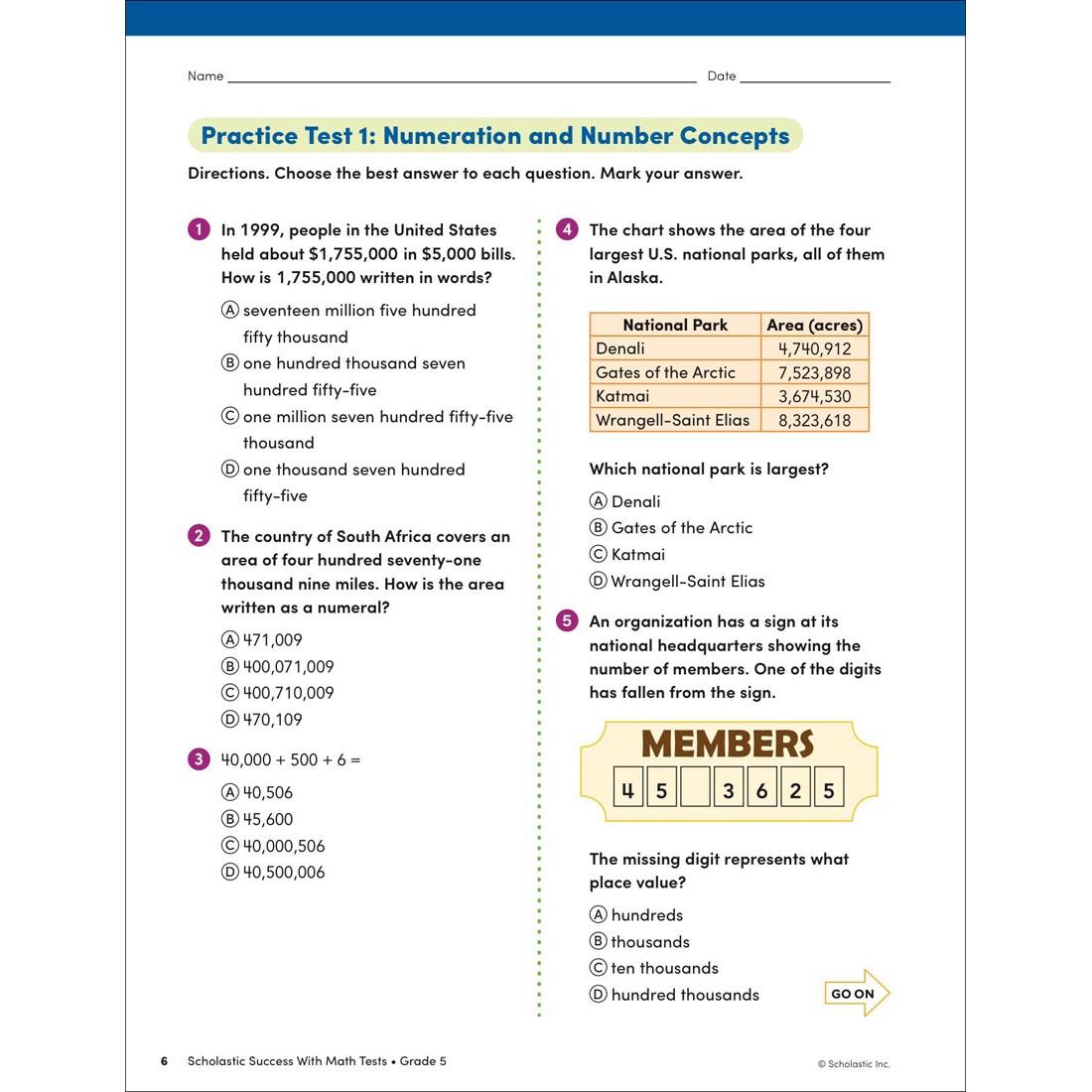 page 6 from Scholastic Success With Math Tests Workbook Grade 5