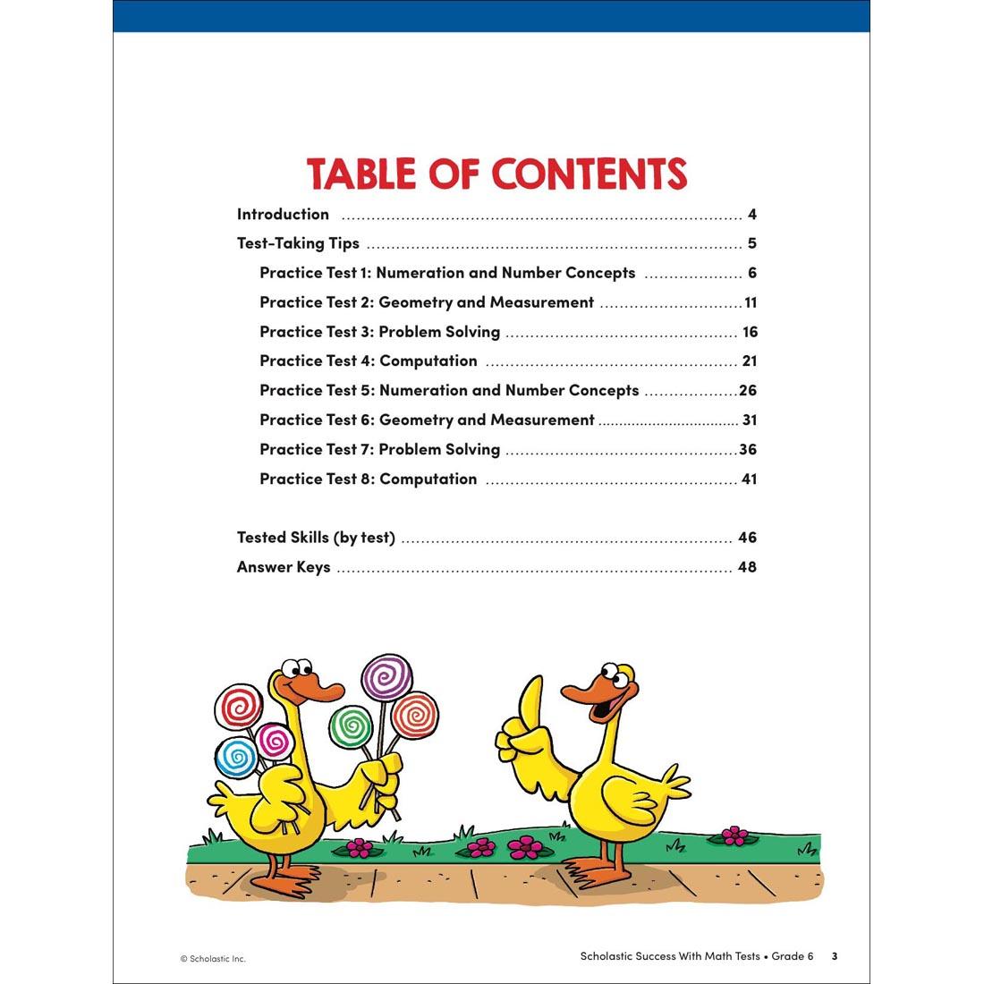 Table of Contents page from Scholastic Success With Math Tests Workbook Grade 6