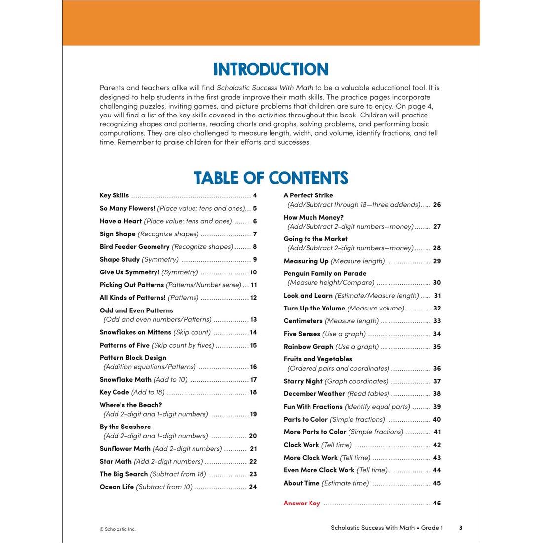 Table of Contents page from Scholastic Success With Math Workbook Grade 1