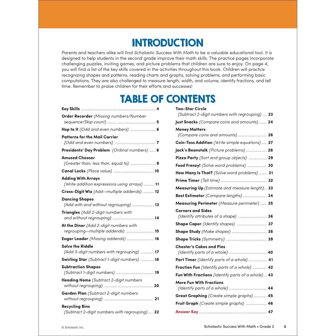 Table of Contents page from Scholastic Success With Math Workbook Grade 2