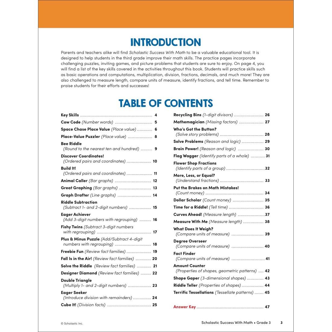 Table of Contents page from Scholastic Success With Math Workbook Grade 3