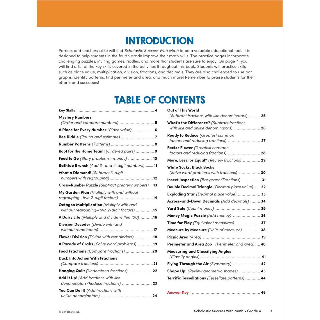 Table of Contents page from Scholastic Success With Math Workbook Grade 4