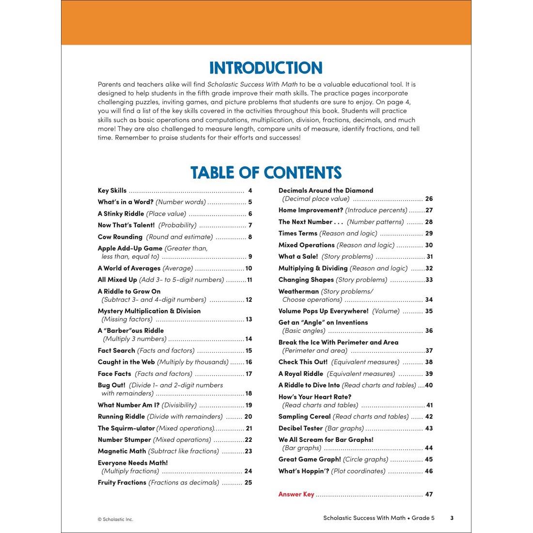 Table of Contents page from Scholastic Success With Math Workbook Grade 5
