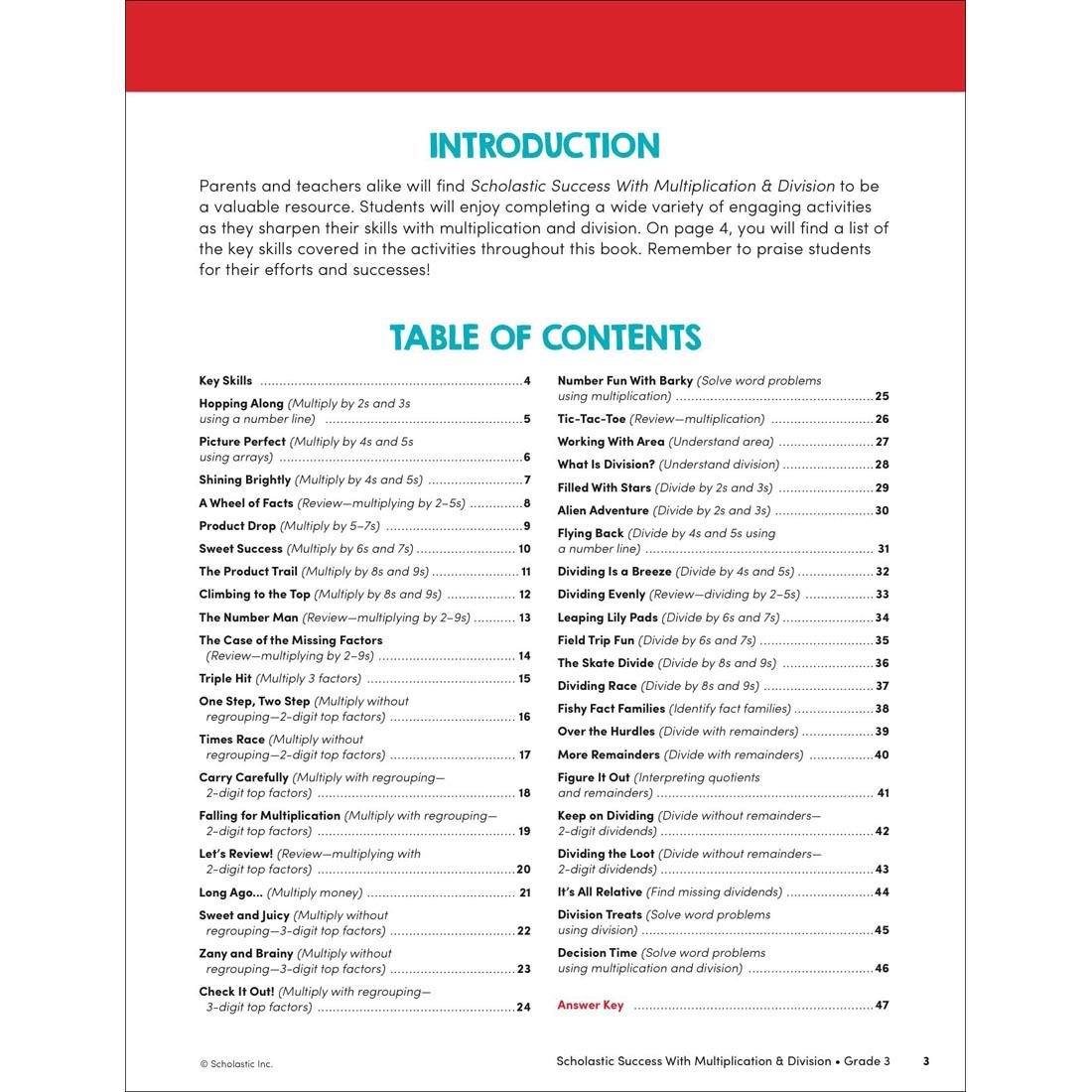 Table of Contents page from Scholastic Success With Multiplication & Division Workbook Grade 3