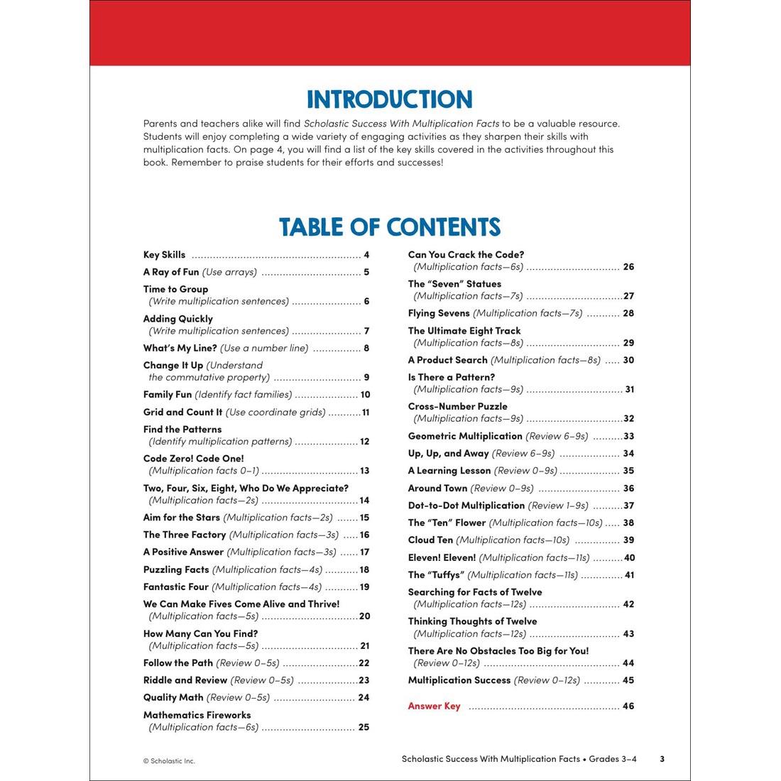 Table of Contents page from Scholastic Success With Multiplication Facts Workbook Grades 3-4