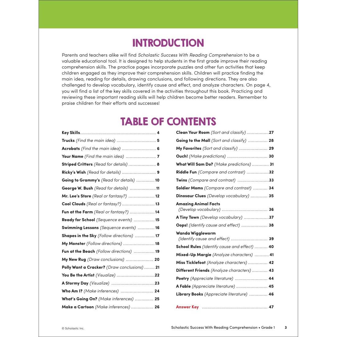 Table of Contents page from Scholastic Success With Reading Comprehension Workbook Grade 1