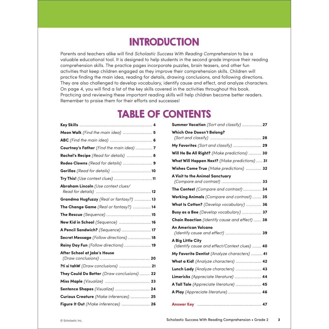 Table of Contents page from Scholastic Success With Reading Comprehension Workbook Grade 2