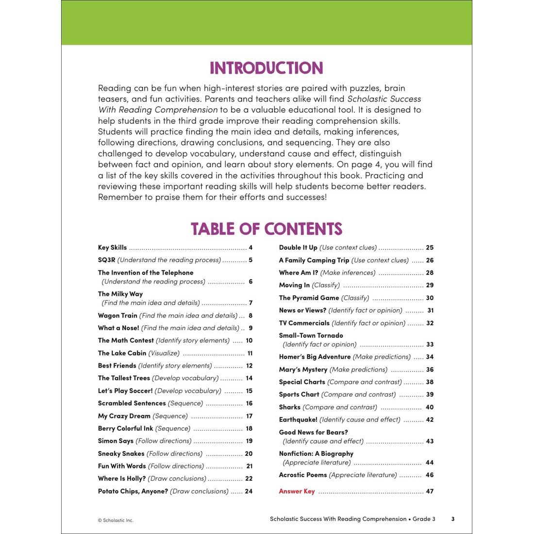 Table of Contents page from Scholastic Success With Reading Comprehension Workbook Grade 3