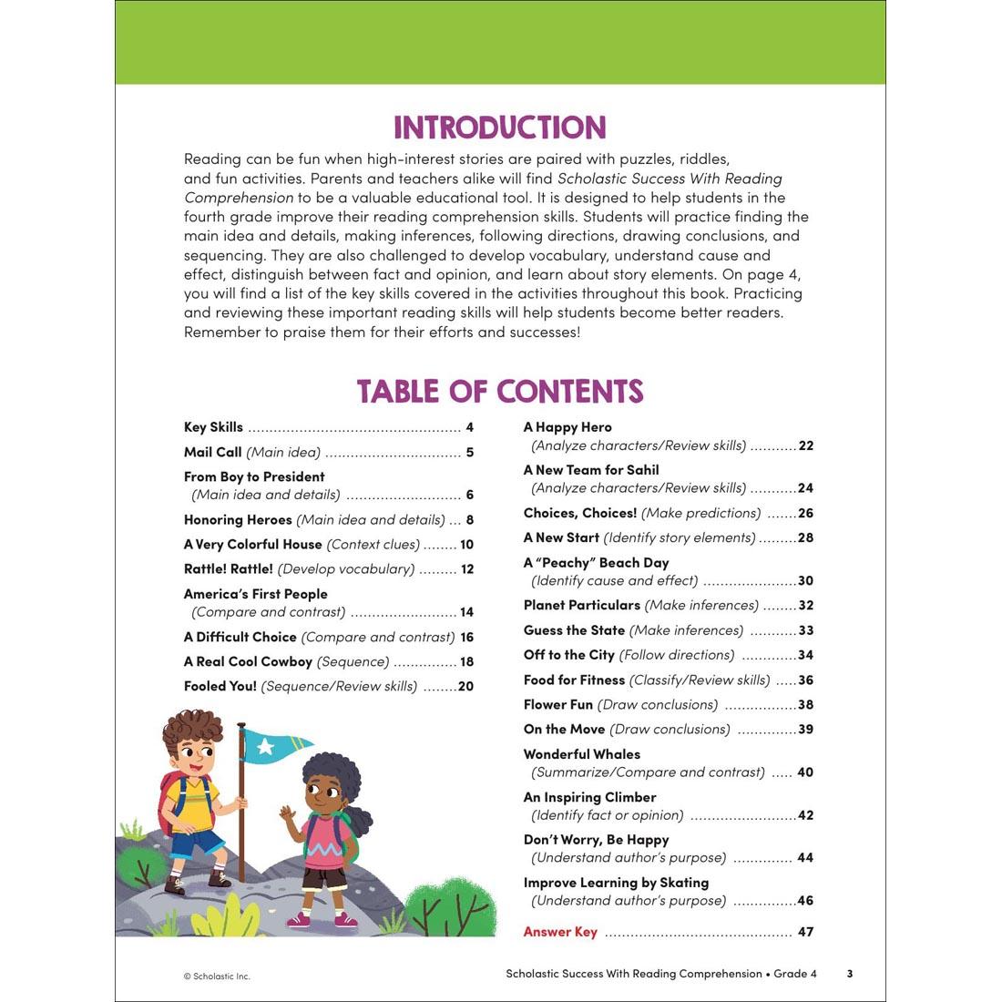 Table of Contents page from Scholastic Success With Reading Comprehension Workbook Grade 4