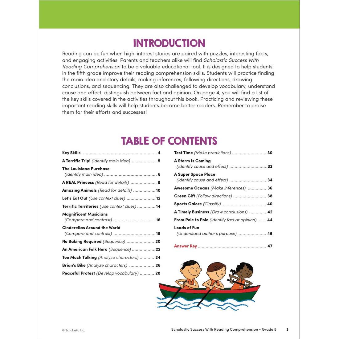 Table of Contents page from Scholastic Success With Reading Comprehension Workbook Grade 5