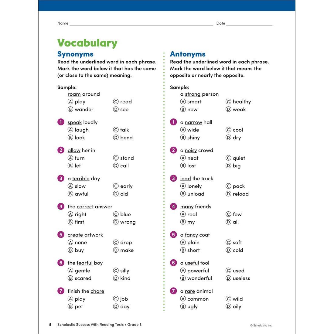 page 8 from Scholastic Success With Reading Tests Workbook Grade 3