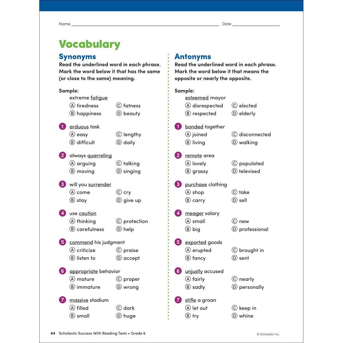 page 44 from Scholastic Success With Reading Tests Workbook Grade 6