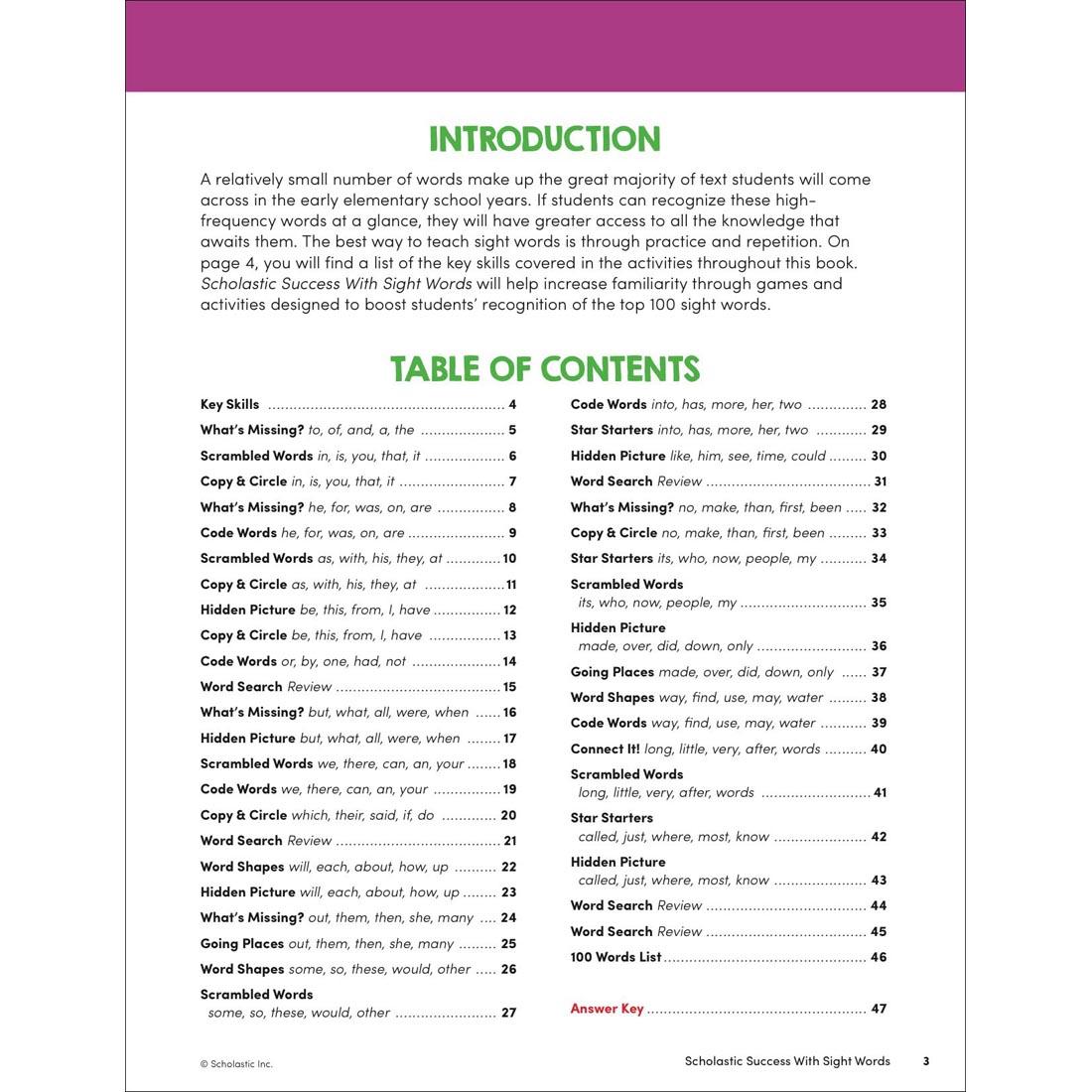 Table of Contents page from Scholastic Success With Sight Words Workbook Grades K-2