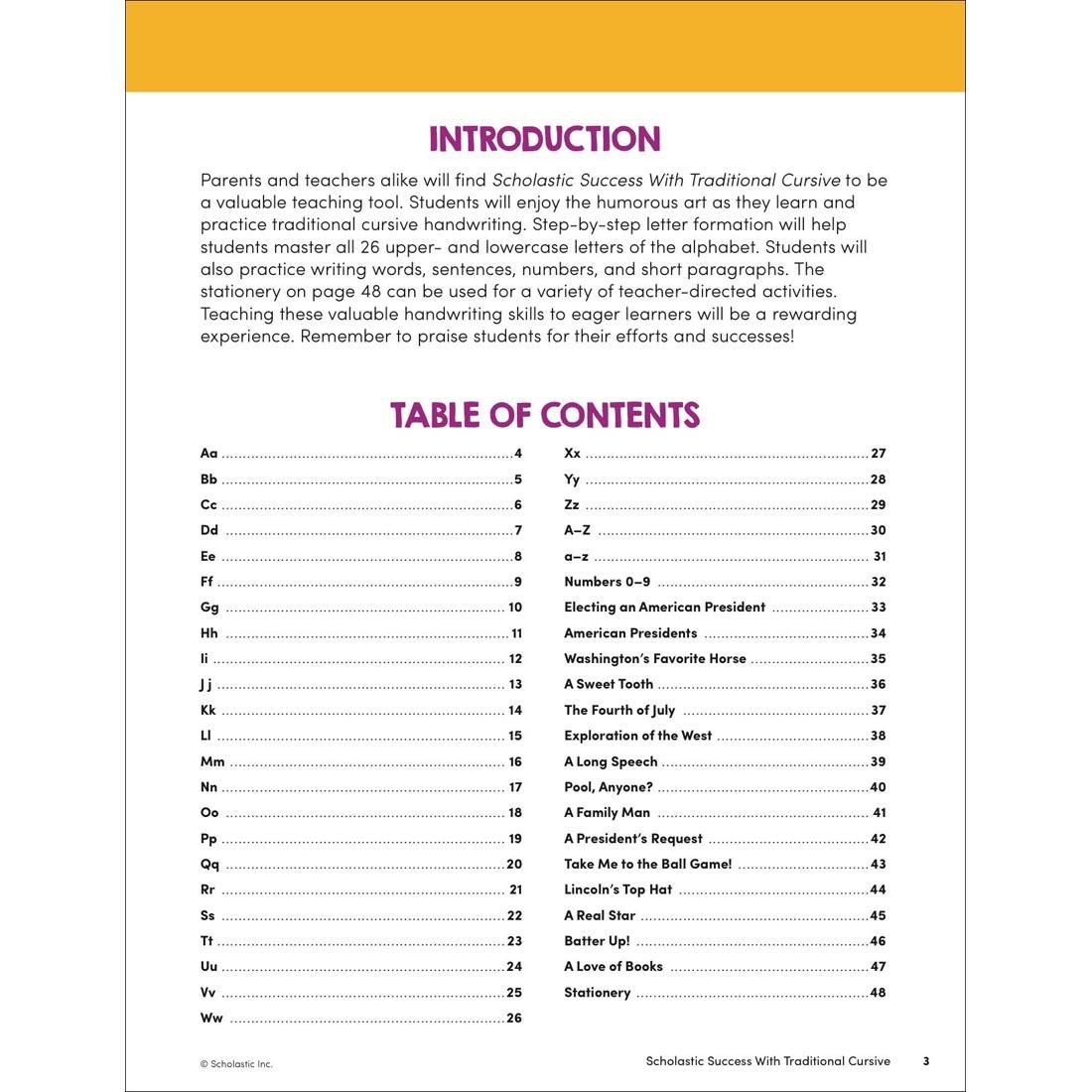 Table of Contents page from Scholastic Success With Traditional Cursive Workbook Grades 2-4