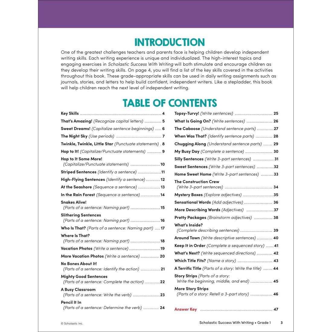 Table of Contents page from Scholastic Success With Writing Workbook Grade 1