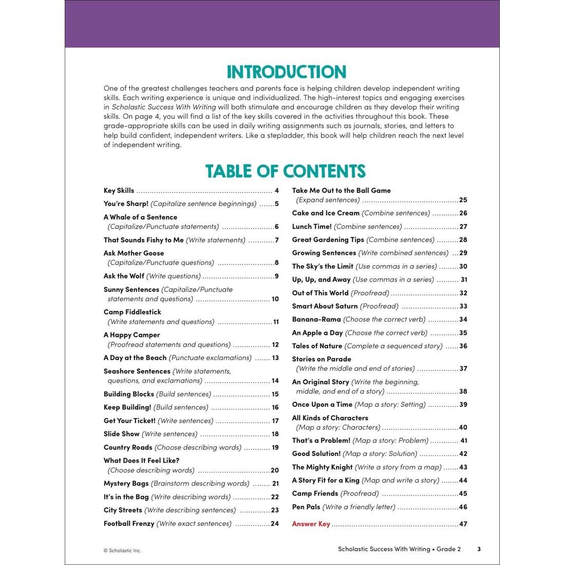 Table of Contents page from Scholastic Success With Writing Workbook Grade 2