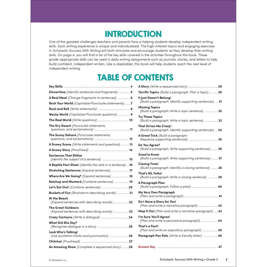 Table of Contents page from Scholastic Success With Writing Workbook Grade 3