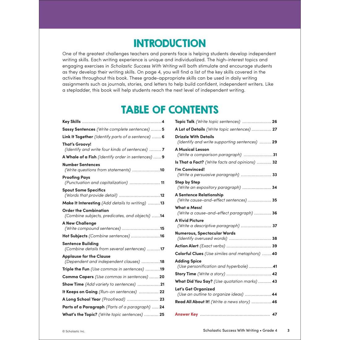 Table of Contents page from Scholastic Success With Writing Workbook Grade 4