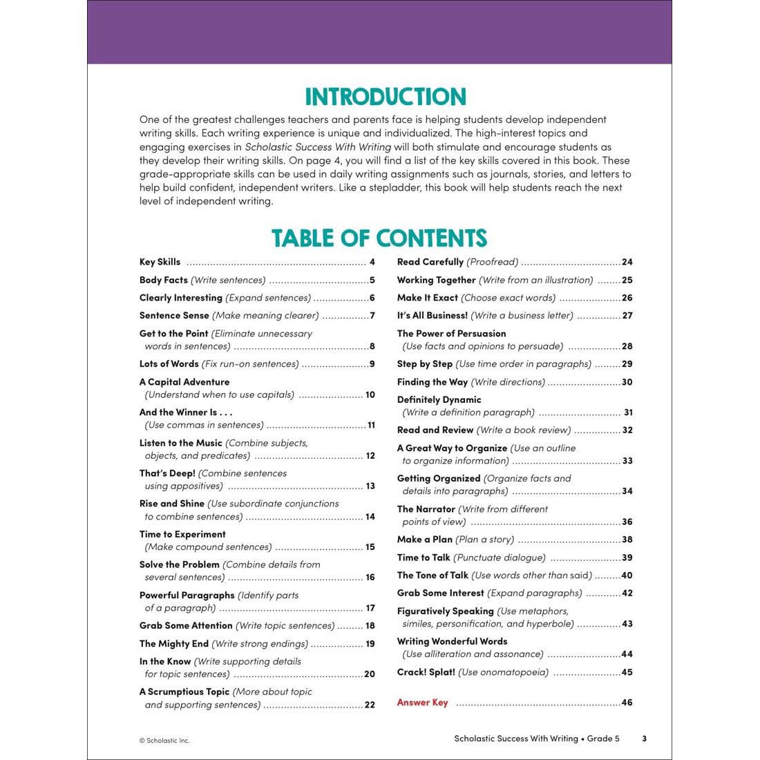 Table of Contents page from Scholastic Success With Writing Workbook Grade 5