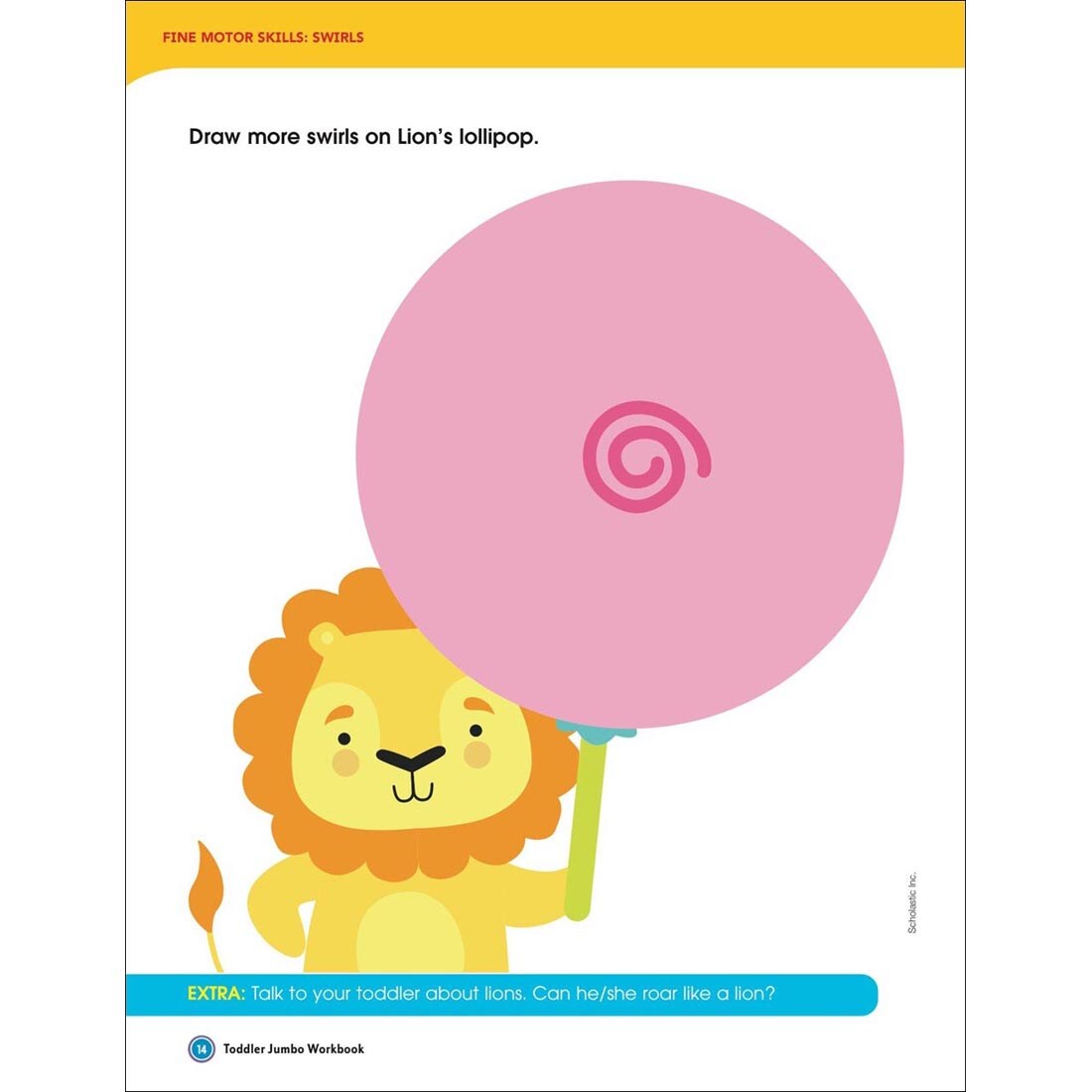 Page 14 of Toddler Jumbo Workbook by Scholastic, focusing on drawing swirls