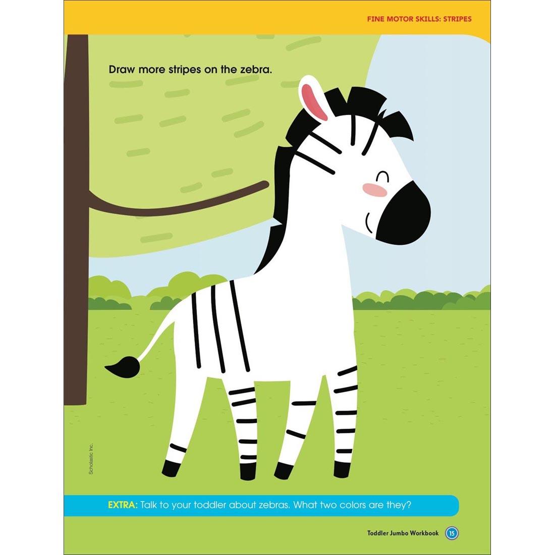 Page 15 of Toddler Jumbo Workbook by Scholastic, focusing on drawing stripes