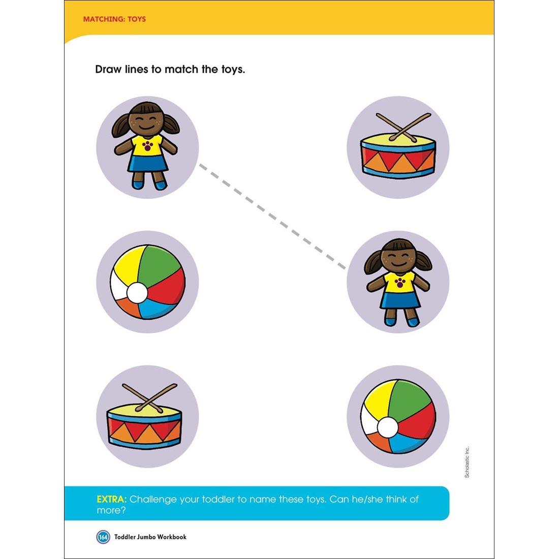 Page 164 of Toddler Jumbo Workbook by Scholastic, focusing on matching pictures of toys