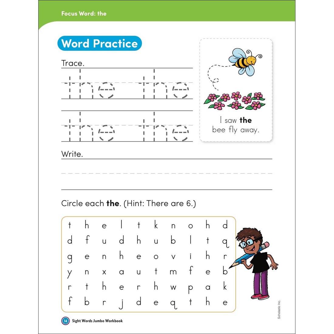 Focus page for sight word: the - found in Sight Words Jumbo Workbook by Scholastic