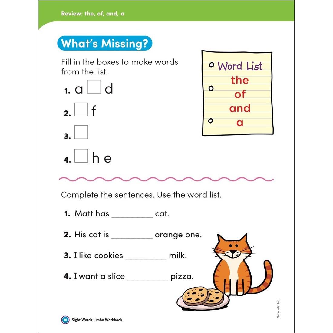 Review page for sight words: the, of, and, a - found in Sight Words Jumbo Workbook by Scholastic