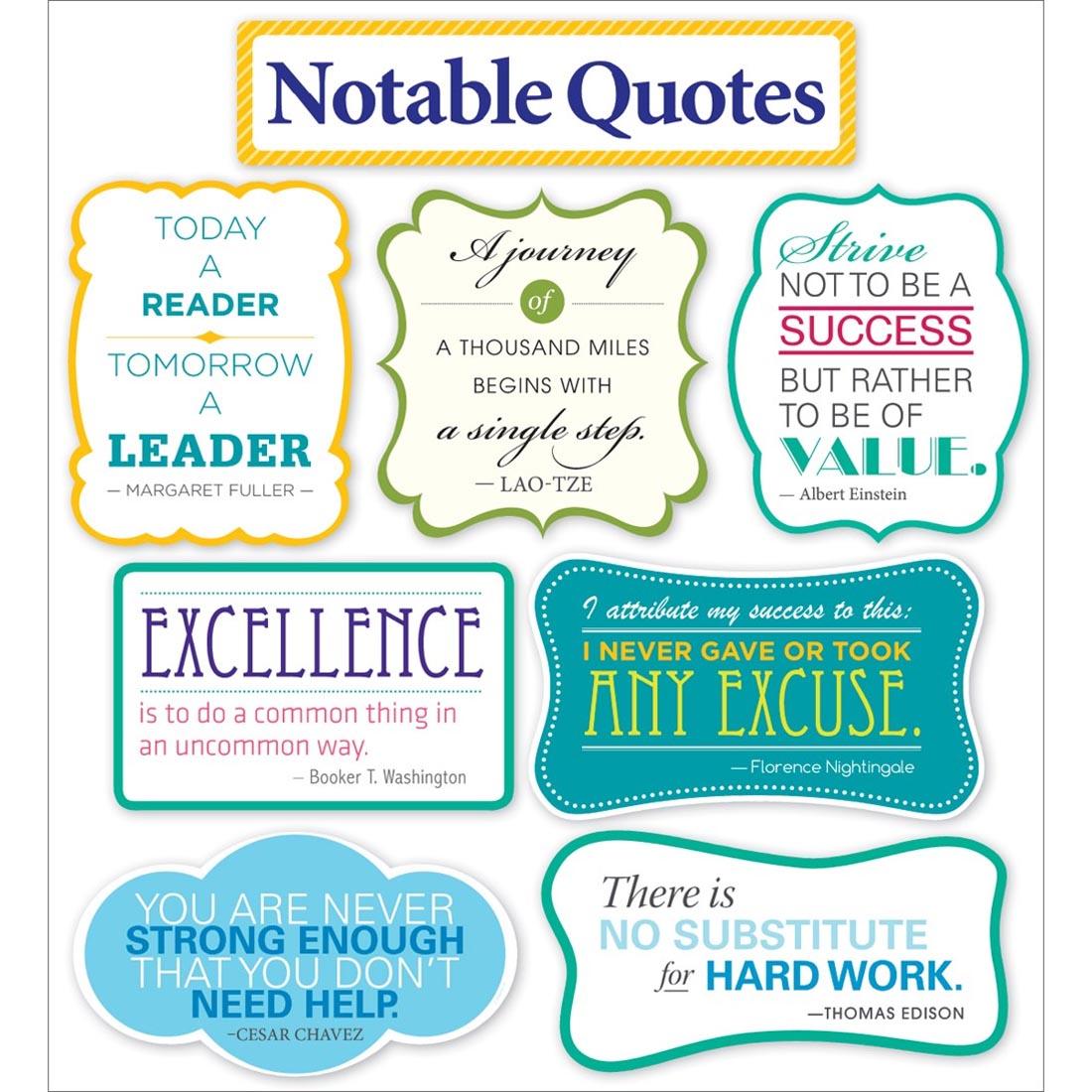 Notable Quotes Bulletin Board Set by Scholastic includes Margaret Fuller, Lao-Tze, Albert Einstein, Booker T Washington, Florence Nightingale, Cesar Chavez and Thomas Edison