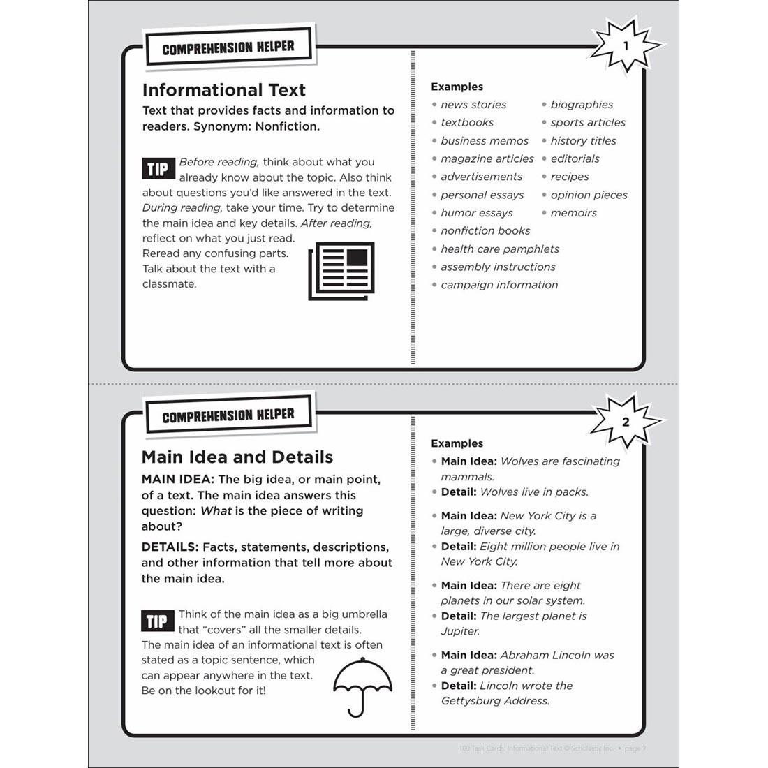 Example Comprehension Helper pages from Scholastic 100 Task Cards: Informational Text