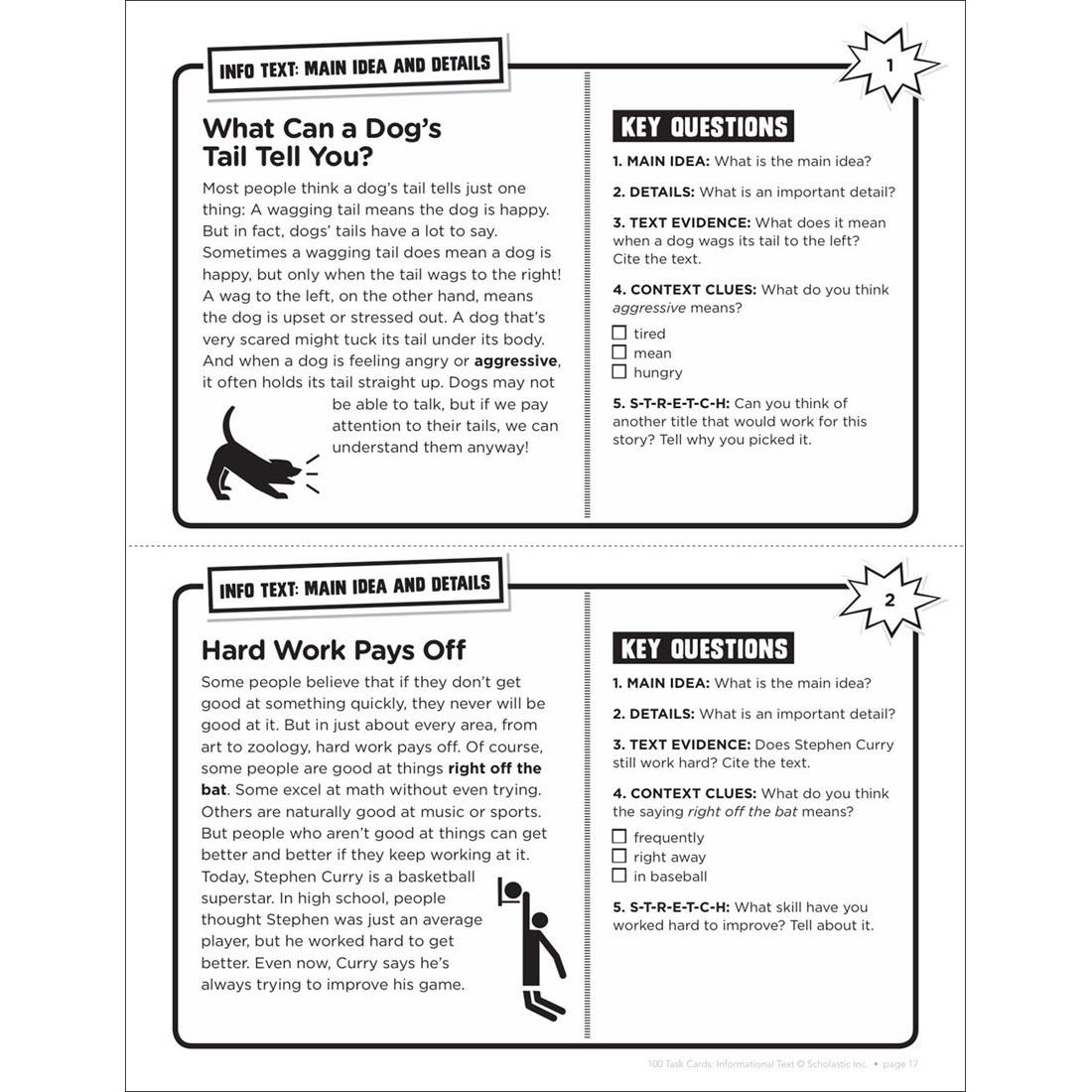 Example Main Idea and Details pages from Scholastic 100 Task Cards: Informational Text