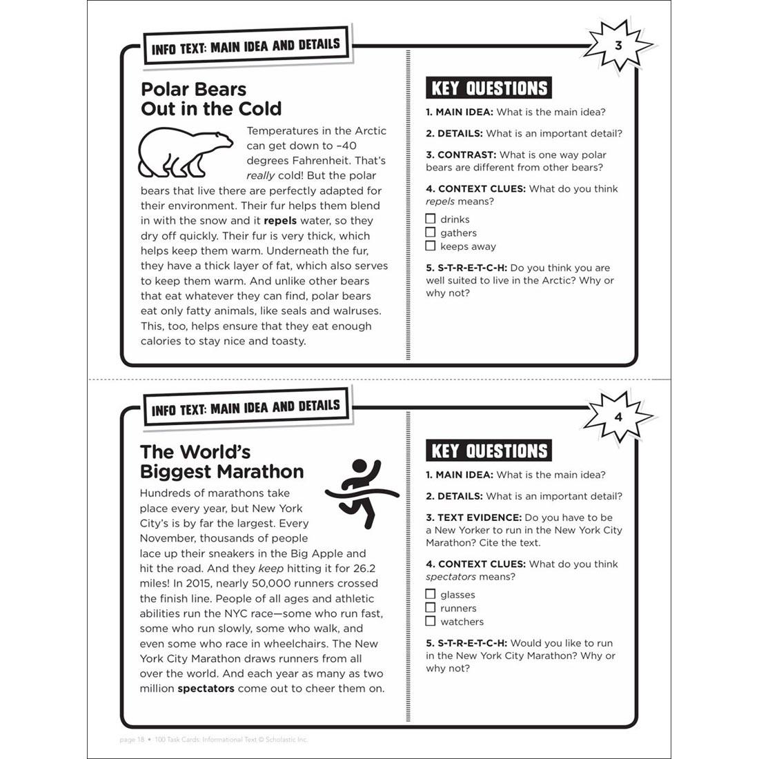 Example Main Idea and Details pages from Scholastic 100 Task Cards: Informational Text