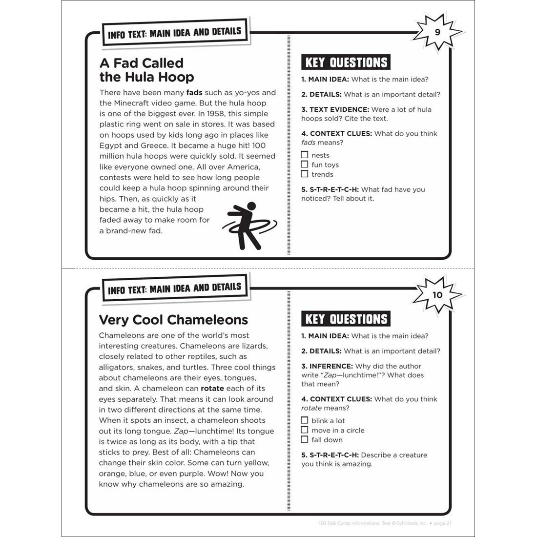 Example Main Idea and Details pages from Scholastic 100 Task Cards: Informational Text