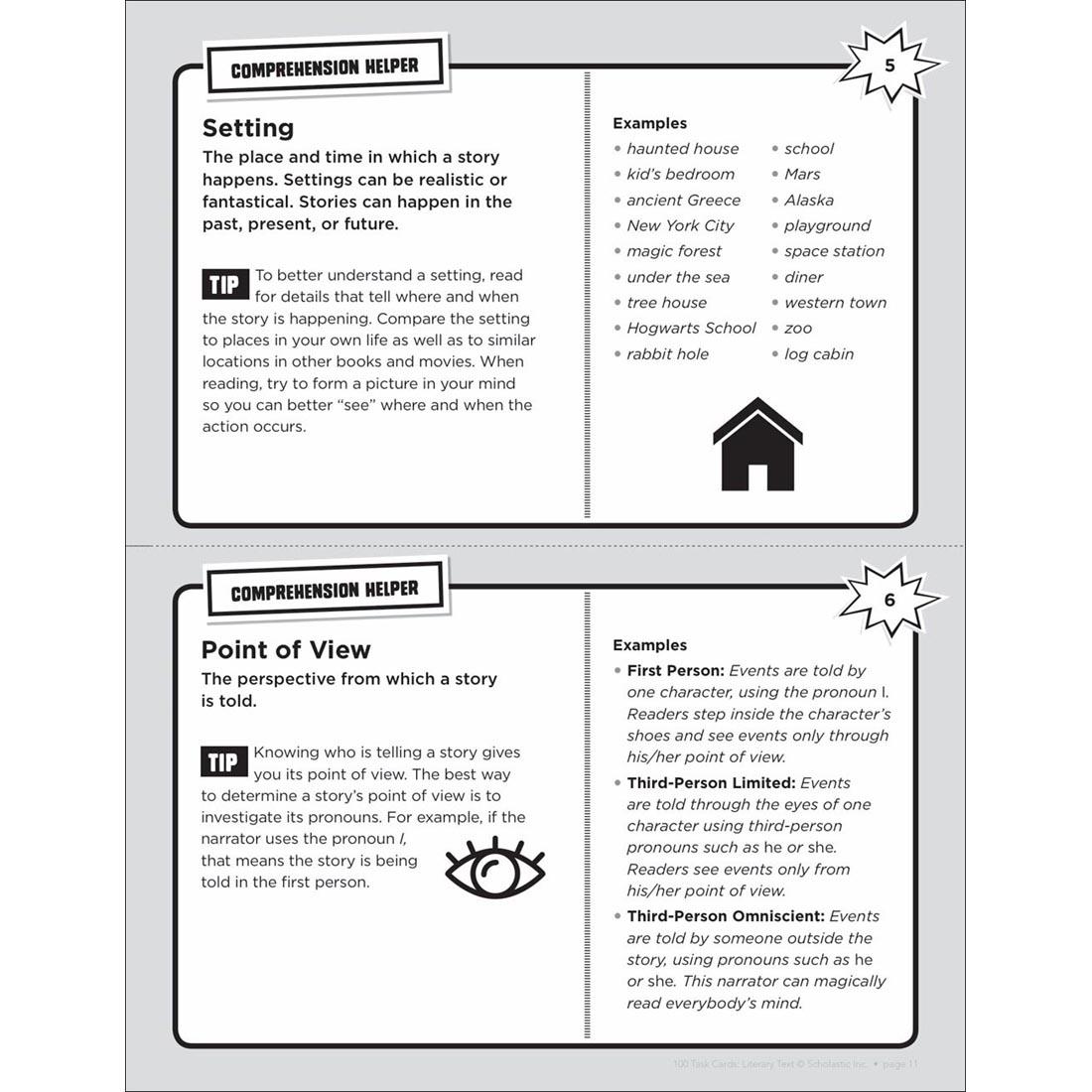 Example Comprehension Helper pages from Scholastic 100 Task Cards: Literary Text