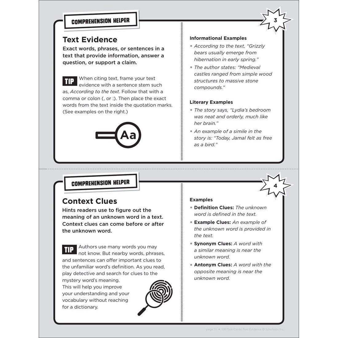 Example Comprehension Helper pages from Scholastic 100 Task Cards: Text Evidence