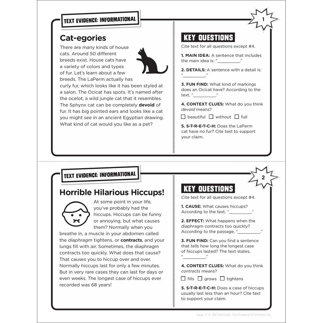 Example Informational pages from Scholastic 100 Task Cards: Text Evidence