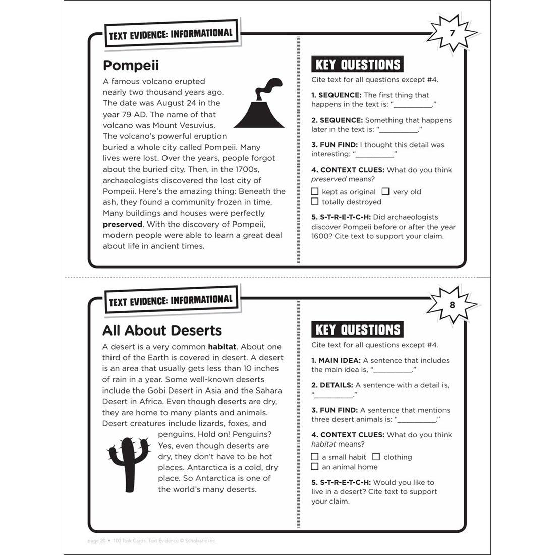 Example Informational pages from Scholastic 100 Task Cards: Text Evidence