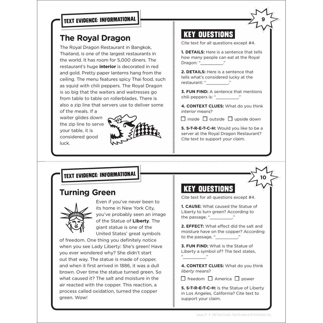 Example Informational pages from Scholastic 100 Task Cards: Text Evidence