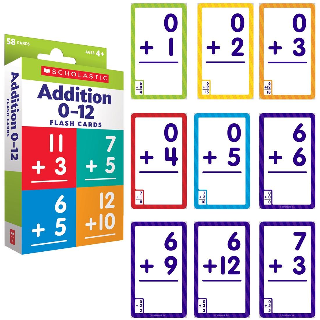 Box of Addition 0-12 Flash Cards by Scholastic next to 9 sample cards