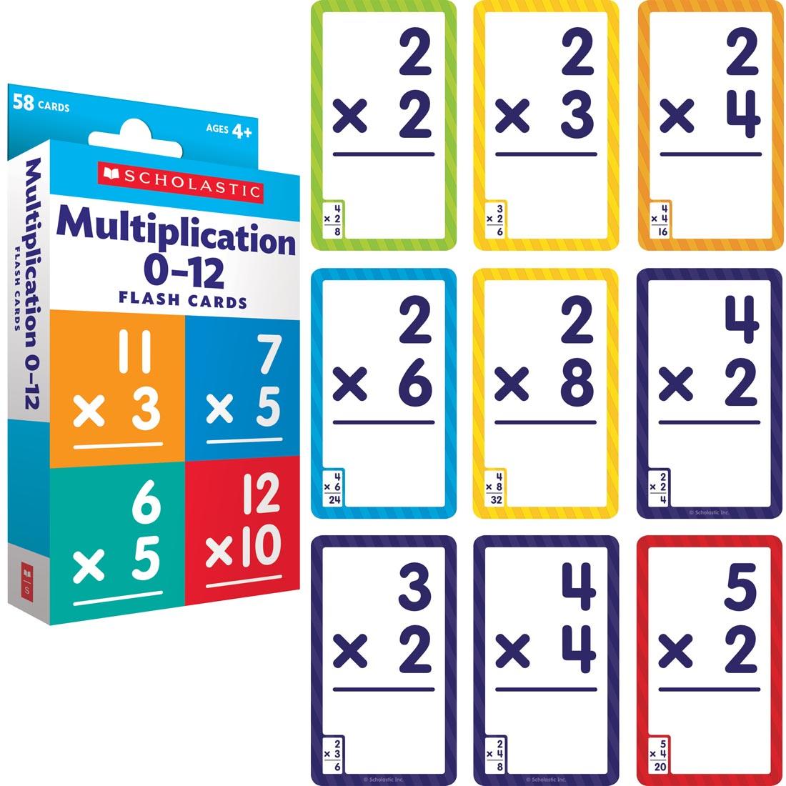 Box of Multiplication 0-12 Flash Cards by Scholastic next to 9 sample cards