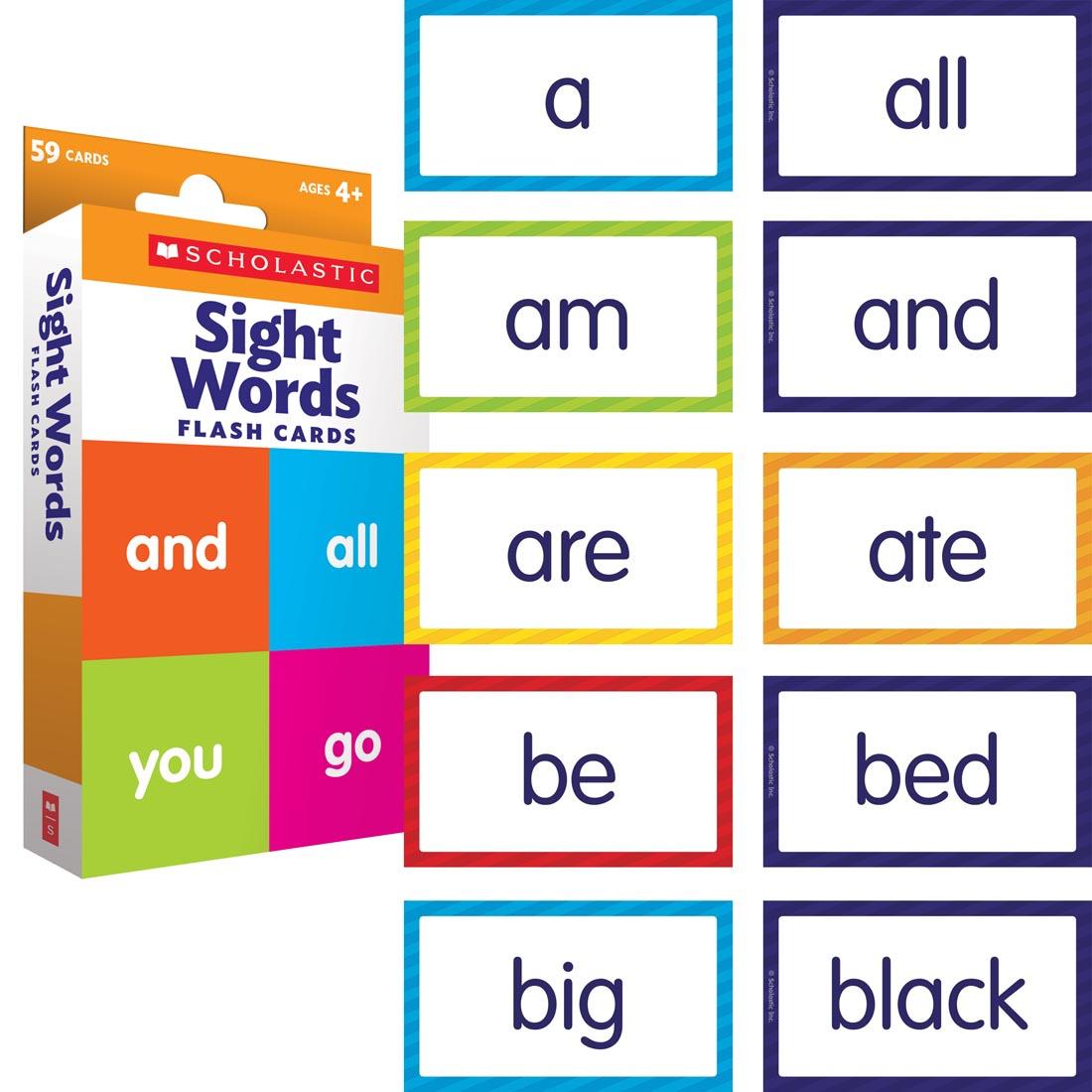 Box of Sight Words Flash Cards by Scholastic next to 10 sample cards