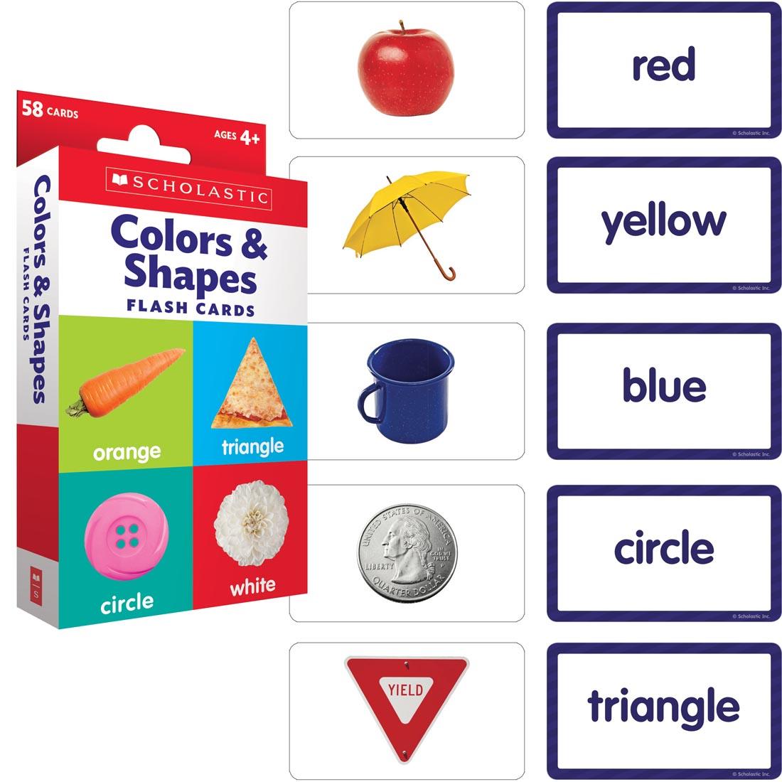 Box of Colors & Shapes Flash Cards by Scholastic next to 5 sample cards