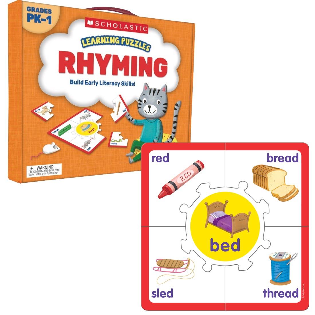 Box of Rhyming Learning Puzzles by Scholastic next to the puzzle for the ending sound of -ed