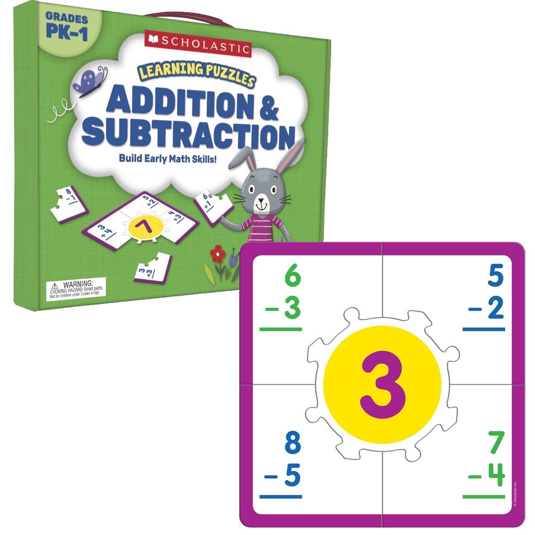 Box of Addition & Subtraction Learning Puzzles by Scholastic next to the puzzle for the answer of 3