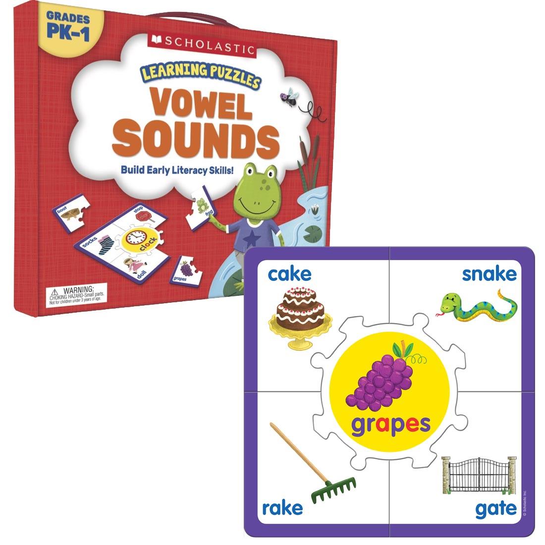 Box of Vowel Sounds Learning Puzzles by Scholastic next to the puzzle for a-e words